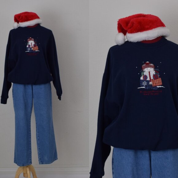 Vintage‎ 90s Cotton/Poly Navy Christmas Sweatshirt size X Large - Picture 1 of 10